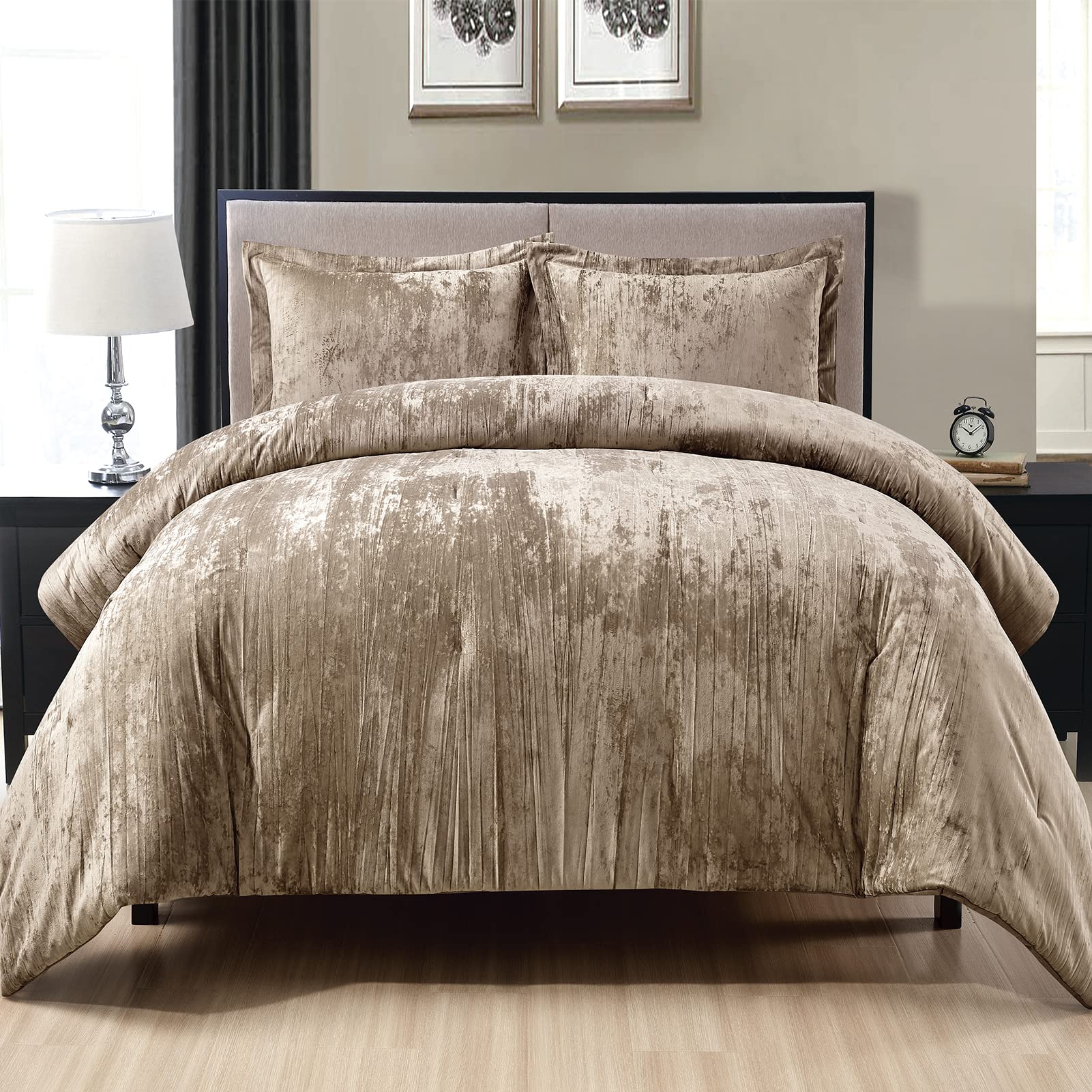 Fredsure Crinkle Velvet Comforter Set, 3 Pieces Khaki Queen, Crinkle Velvet Face And Brushed Microfiber Reverse